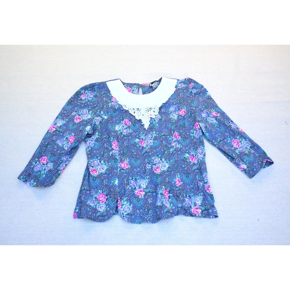 Vintage 80s Whirlaway Frocks Womens 10P Paisley Rose Print Blouse Lace Collar